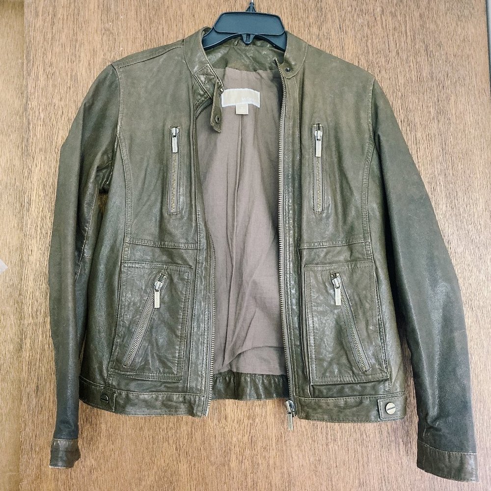 MICHAEL Michael Kors Leather Jacket in Olive